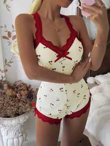 CottageSlumber Contrast Color Lace Backless Sexy Cherry Print Camisole Jumpsuit Loungewear For Women - Multicolor - View 6