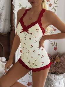 CottageSlumber Contrast Color Lace Backless Sexy Cherry Print Camisole Jumpsuit Loungewear For Women - Multicolor - View 3