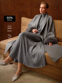 MOTF PREMIUM SHAWL COLLAR LONG DOUBLE-FACED WOOL BELTED OVERCOAT WITH FUR SLEEVES - Light Grey - View 6