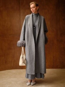 MOTF PREMIUM SHAWL COLLAR LONG DOUBLE-FACED WOOL BELTED OVERCOAT WITH FUR SLEEVES - Light Grey - View 4