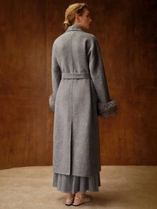 MOTF PREMIUM SHAWL COLLAR LONG DOUBLE-FACED WOOL BELTED OVERCOAT WITH FUR SLEEVES - Light Grey - View 5