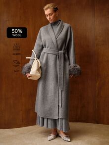 MOTF PREMIUM SHAWL COLLAR LONG DOUBLE-FACED WOOL BELTED OVERCOAT WITH FUR SLEEVES - Light Grey - View 1