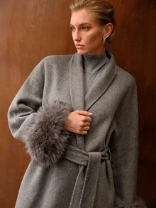 MOTF PREMIUM SHAWL COLLAR LONG DOUBLE-FACED WOOL BELTED OVERCOAT WITH FUR SLEEVES - Light Grey - View 2