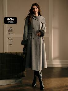 MOTF PREMIUM WOMEN'S AUTUMN/WINTER SOLID COLOR LAPEL DOUBLE-BREASTED OPEN FRONT PATCHWORK FAUX FUR CUFF LONG OVERCOAT - Light Grey - View 3