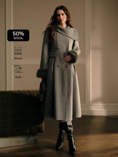 MOTF PREMIUM WOMEN'S AUTUMN/WINTER SOLID COLOR LAPEL DOUBLE-BREASTED OPEN FRONT PATCHWORK FAUX FUR CUFF LONG OVERCOAT