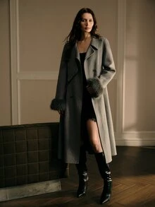 MOTF PREMIUM WOMEN'S AUTUMN/WINTER SOLID COLOR LAPEL DOUBLE-BREASTED OPEN FRONT PATCHWORK FAUX FUR CUFF LONG OVERCOAT - Light Grey - View 5