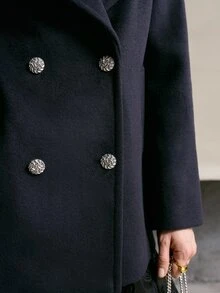 MOTF PREMIUM WOMEN'S DOUBLE-BREASTED LAPEL WOOL OVERCOAT, AUTUMN/WINTER - Navy Blue - View 7