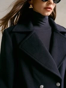 MOTF PREMIUM WOMEN'S DOUBLE-BREASTED LAPEL WOOL OVERCOAT, AUTUMN/WINTER - Navy Blue - View 2