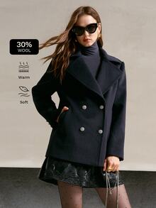 MOTF PREMIUM WOMEN'S DOUBLE-BREASTED LAPEL WOOL OVERCOAT, AUTUMN/WINTER - Navy Blue - View 3