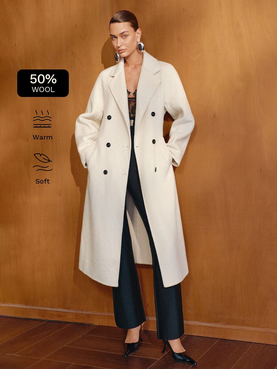 MOTF LONG CLASSIC 6-BUTTON DOUBLE-SIDED WOOL OVERCOAT WITH BELT - Beige - View 1
