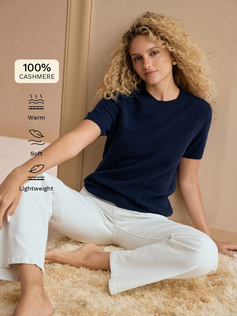 MOTF PREMIUM Atasan Rajut Lengan Pendek Warna Polos Minimalis Serbaguna 100% Kasmir - Navy Blue - View 1
