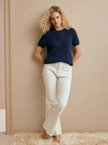 MOTF PREMIUM Atasan Rajut Lengan Pendek Warna Polos Minimalis Serbaguna 100% Kasmir - Navy Blue - View 6