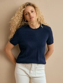 MOTF PREMIUM Atasan Rajut Lengan Pendek Warna Polos Minimalis Serbaguna 100% Kasmir - Navy Blue - View 4
