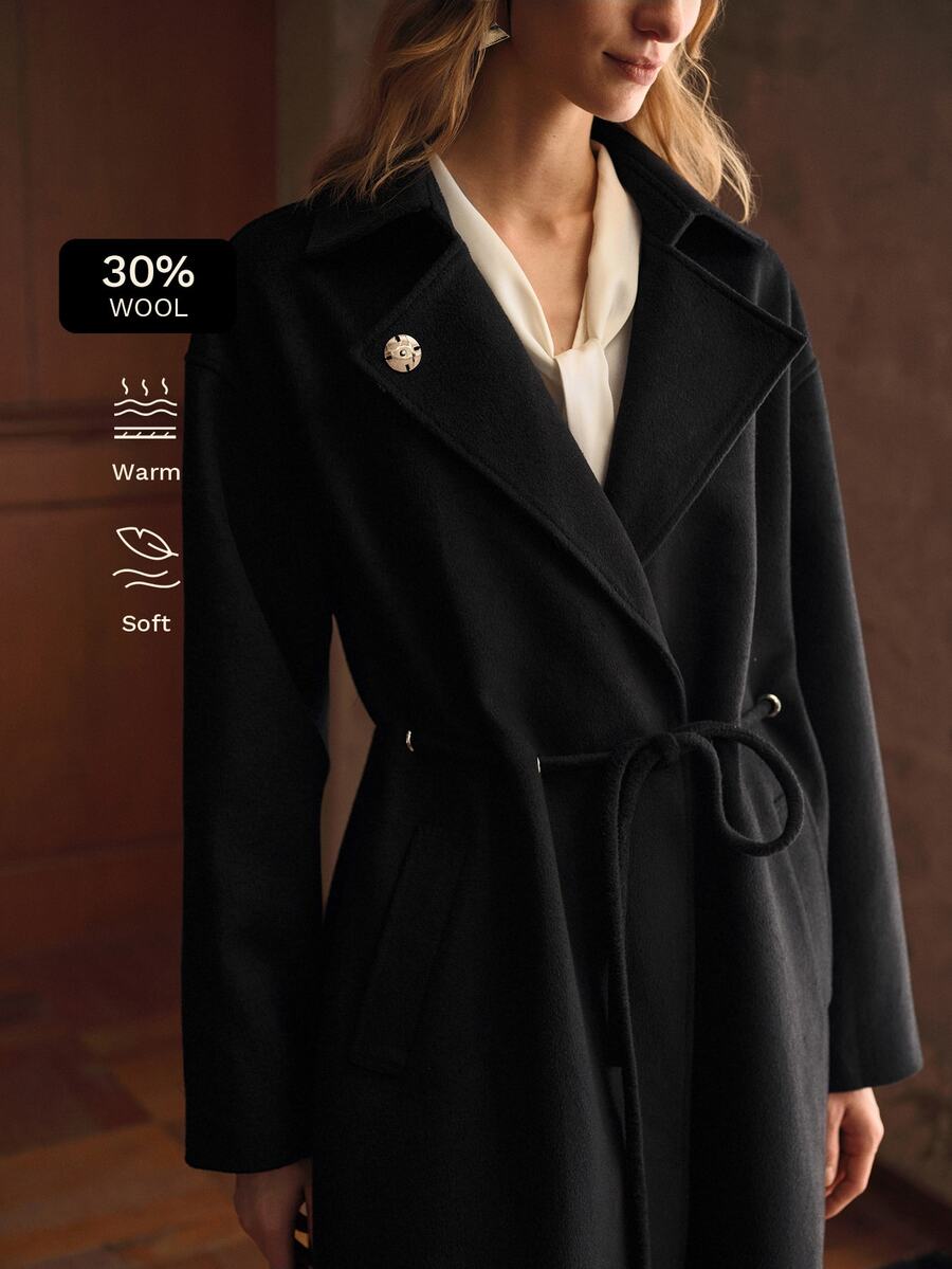 MOTF PREMIUM WOMEN'S FRENCH STYLE LAPEL TIE WAIST WOOL LONG COAT - Black - View 1
