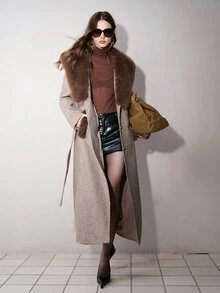 MOTF PREMIUM WOMEN'S AUTUMN/WINTER FUR COLLAR PATCHWORK TEXTURED SINGLE-SIDED OVERCOAT - Brown - View 5