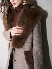 MOTF PREMIUM WOMEN'S AUTUMN/WINTER FUR COLLAR PATCHWORK TEXTURED SINGLE-SIDED OVERCOAT - Brown - View 2
