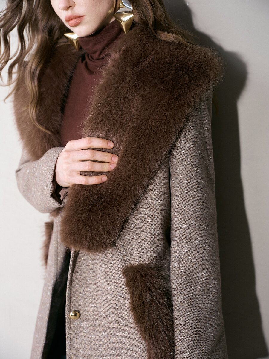MOTF PREMIUM WOMEN'S AUTUMN/WINTER FUR COLLAR PATCHWORK TEXTURED SINGLE-SIDED OVERCOAT - Brown - View 2