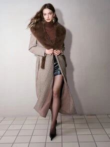 MOTF PREMIUM WOMEN'S AUTUMN/WINTER FUR COLLAR PATCHWORK TEXTURED SINGLE-SIDED OVERCOAT - Brown - View 4