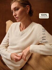 MOTF 100% CASHMERE V-NECK SOLID COLOR SWEATER - White - View 1