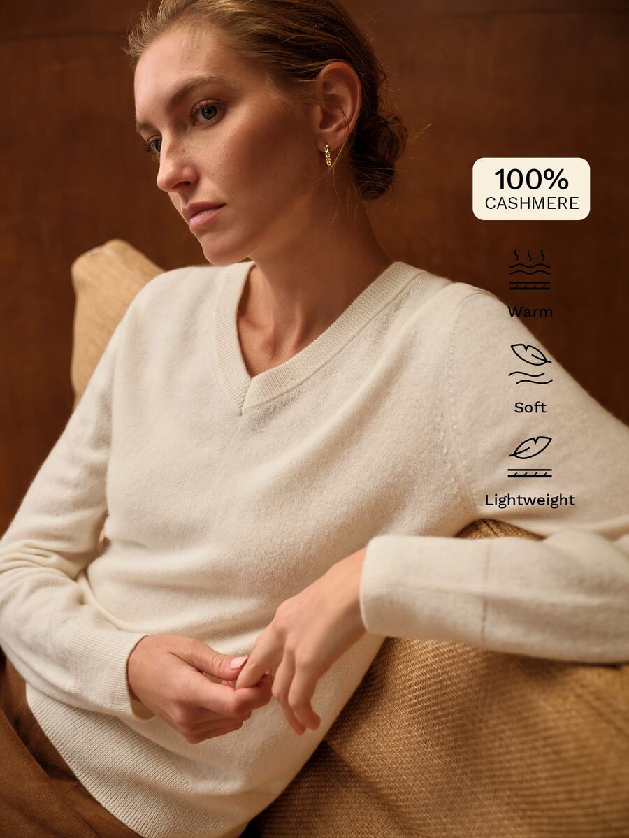 MOTF 100% CASHMERE V-NECK SOLID COLOR SWEATER - White - View 1