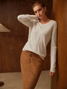 MOTF 100% CASHMERE V-NECK SOLID COLOR SWEATER - White - View 7