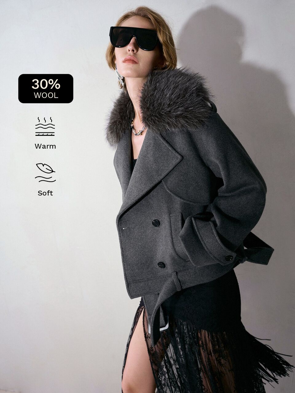 MOTF WOMEN'S AUTUMN/WINTER WOOL BLEND FUR COLLAR URBAN CHIC SHORT WOOL JACKET TRENCH COAT