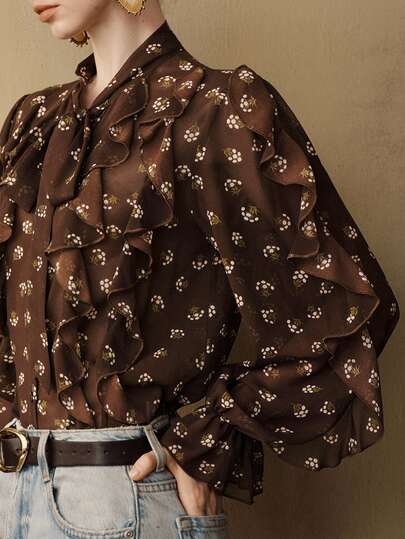 SHEIN Women's Blouse Regular Fit Chiffon Tie Neck Tiered Ruffle Vintage Elegant Brown Floral Blouses For Women Elegant Women's Blouse Brown Top Summer
