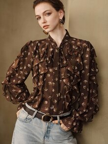 SHEIN 女款雪紡領結領層次荷葉邊復古優雅棕色碎花襯衫，標準版型，適合通勤辦公、早午餐、夏季穿著 - 棕色 - 查看 7