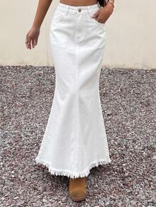 DAZY Women's Casual Plain Frayed Hem Denim Mermaid Skirt, Spring/Summer - White - View 4