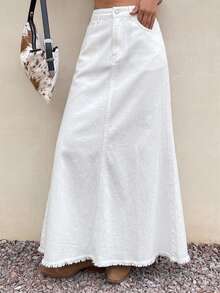 DAZY Women's Casual Plain Frayed Hem Denim Mermaid Skirt, Spring/Summer - White - View 5