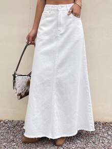 DAZY Women's Casual Plain Frayed Hem Denim Mermaid Skirt, Spring/Summer - White - View 1