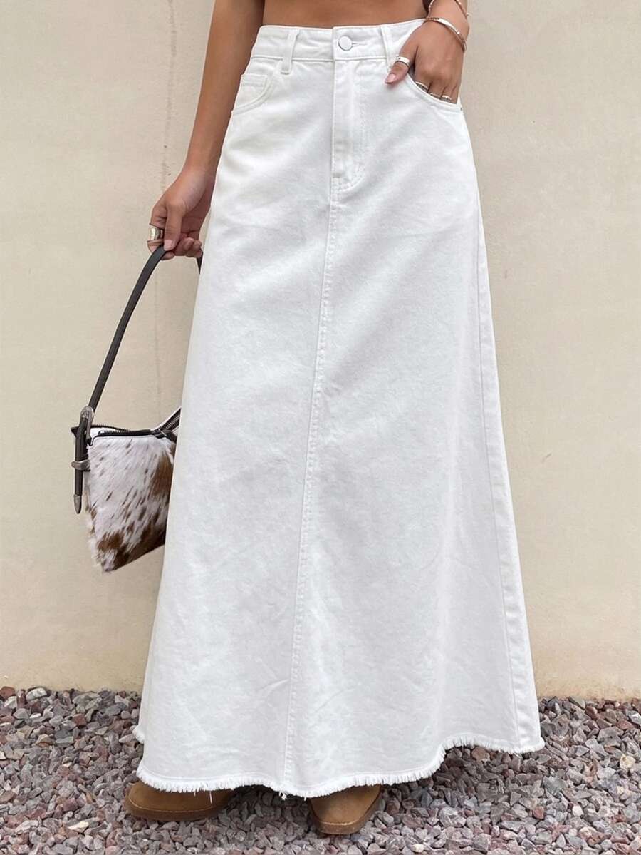DAZY Women's Casual Plain Frayed Hem Denim Mermaid Skirt, Spring/Summer - White - View 1