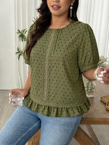 Weeklong Plus Size Women's Round Neck Lace Hollow Out Ice Silk Crinkle Cut-Out Short Sleeve Blouse, Spring/Summer Casual Vacation Outing Fashion Comfortable - Army Green - View 6