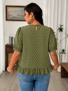 Weeklong Plus Size Women's Round Neck Lace Hollow Out Ice Silk Crinkle Cut-Out Short Sleeve Blouse, Spring/Summer Casual Vacation Outing Fashion Comfortable - Army Green - View 3
