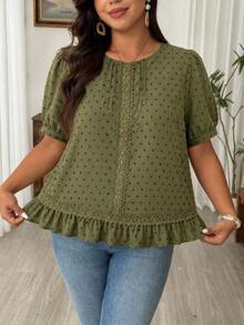 Weeklong Plus Size Women's Round Neck Lace Hollow Out Ice Silk Crinkle Cut-Out Short Sleeve Blouse, Spring/Summer Casual Vacation Outing Fashion Comfortable - Army Green - View 5