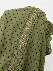 Weeklong Plus Size Women's Round Neck Lace Hollow Out Ice Silk Crinkle Cut-Out Short Sleeve Blouse, Spring/Summer Casual Vacation Outing Fashion Comfortable - Army Green - View 2