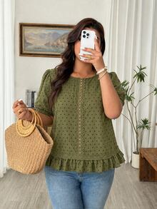 Weeklong Plus Size Women's Round Neck Lace Hollow Out Ice Silk Crinkle Cut-Out Short Sleeve Blouse, Spring/Summer Casual Vacation Outing Fashion Comfortable - Army Green - View 1