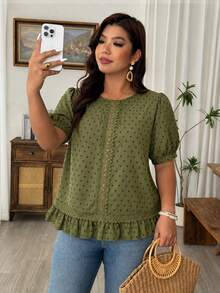 Weeklong Plus Size Women's Round Neck Lace Hollow Out Ice Silk Crinkle Cut-Out Short Sleeve Blouse, Spring/Summer Casual Vacation Outing Fashion Comfortable - Army Green - View 7