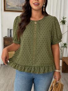 Weeklong Plus Size Women's Round Neck Lace Hollow Out Ice Silk Crinkle Cut-Out Short Sleeve Blouse, Spring/Summer Casual Vacation Outing Fashion Comfortable - Army Green - View 4