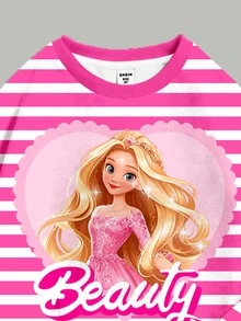 Tween女孩可愛粉色條紋卡通公主女孩愛心蝴蝶結圖案圓領休閒落肩衛衣與修身緊身褲2件套，韓系風格，輕鬆舒適，時尚童裝，Y2K，Kawaii，派對，日常，度假，可愛舒適 - 彩色 - 查看 4