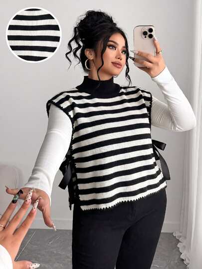 Elenzga Women's Autumn/Winter Elegant Fashion Leopard Print Lace-Up Sleeveless Loose Slimming Plus Size Knit Vest Sweater, Outwear Top