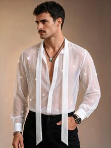 ZURIURI Men's Sheer Sexy Faux Pearl Decor Ribbon Tie Long Sleeve Shirt - White - View 7