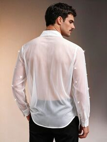 ZURIURI Men's Sheer Sexy Faux Pearl Decor Ribbon Tie Long Sleeve Shirt - White - View 2