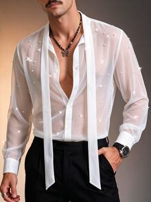ZURIURI Men's Sheer Sexy Faux Pearl Decor Ribbon Tie Long Sleeve Shirt - White - View 4