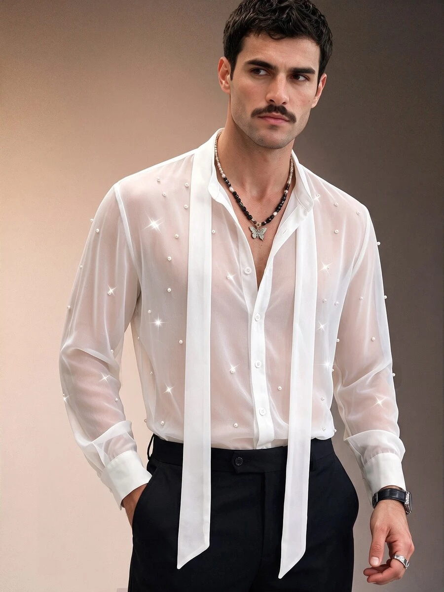 ZURIURI Men's Sheer Sexy Faux Pearl Decor Ribbon Tie Long Sleeve Shirt - White - View 1