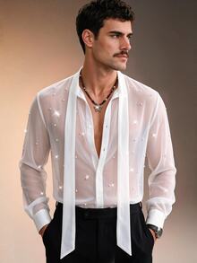 ZURIURI Men's Sheer Sexy Faux Pearl Decor Ribbon Tie Long Sleeve Shirt - White - View 6