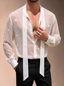 ZURIURI Men's Sheer Sexy Faux Pearl Decor Ribbon Tie Long Sleeve Shirt - White - View 3