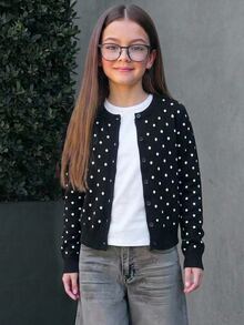 Tween Girl Loose Casual Minimalist Comfortable Crew Neck Open Front Solid Color Autumn Sweater - Black - View 5