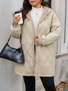 SHEIN Clasi 大尺碼保暖內裡時尚連帽夾克 - 卡其色 - 查看 5