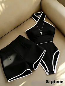 Franclia Women's Summer Sexy Contrast Trim Halter Neck Jumpsuit And Shorts - Black - View 1
